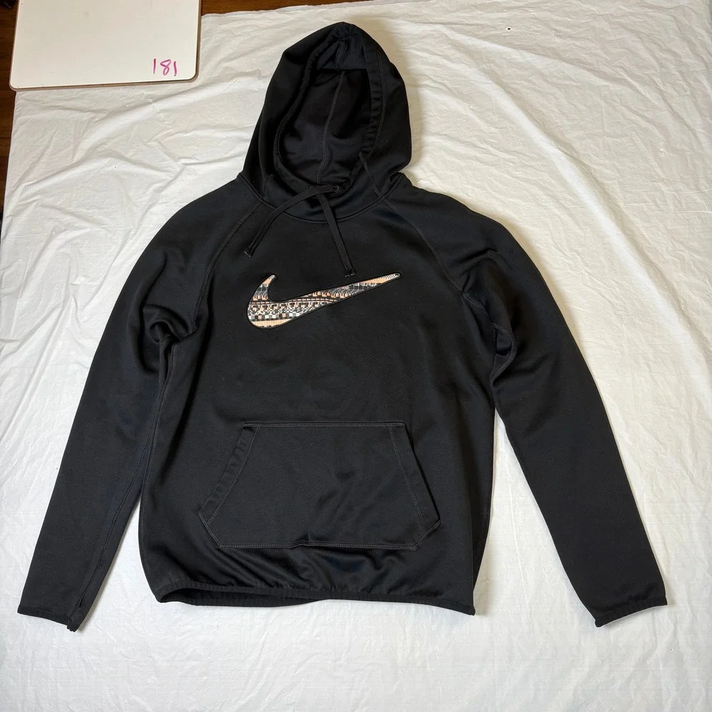 Nike Therma-FIT Hoodie Youth Small Black Pullover Patterned Swoosh Sportswear